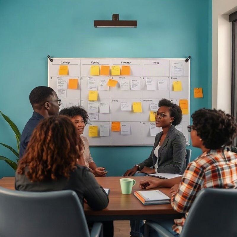 Small Kenyan team planning editorial calendars at a content wall