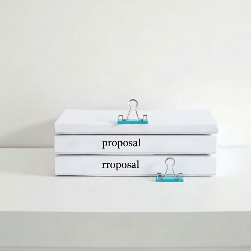 Three stacked proposal folders labelled with tier names on a clean desk
