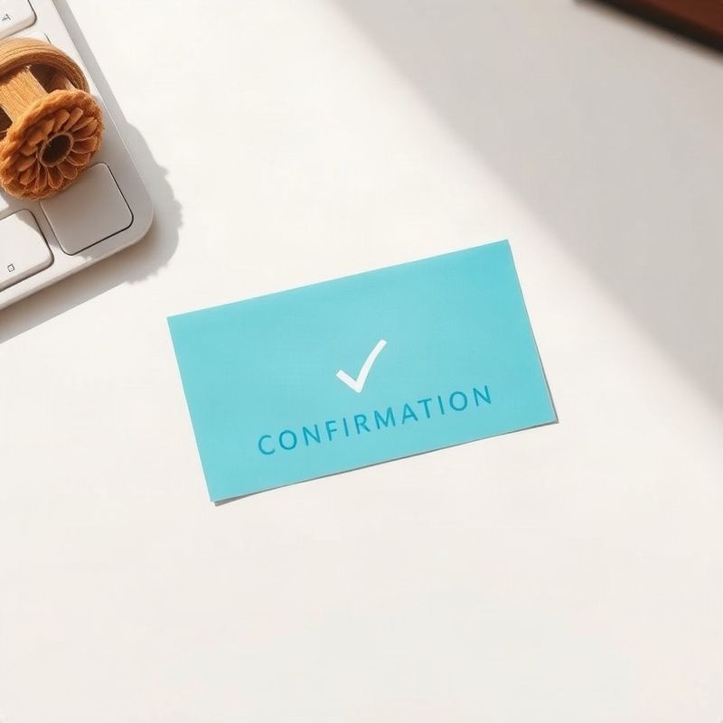 Clean azure-blue confirmation card on a minimal desk