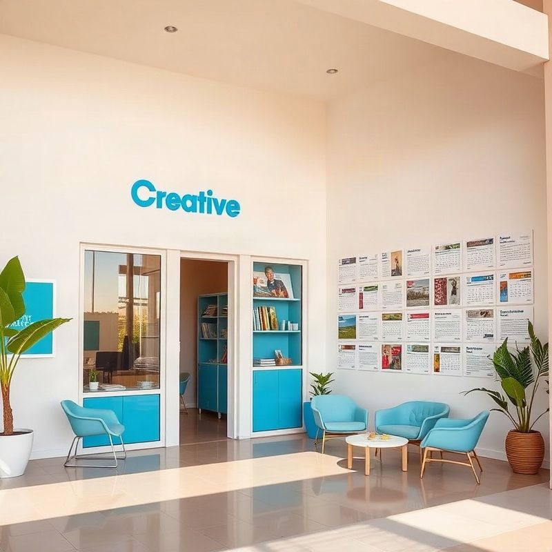 Bright Mombasa coastal creative office with azure-blue branding
