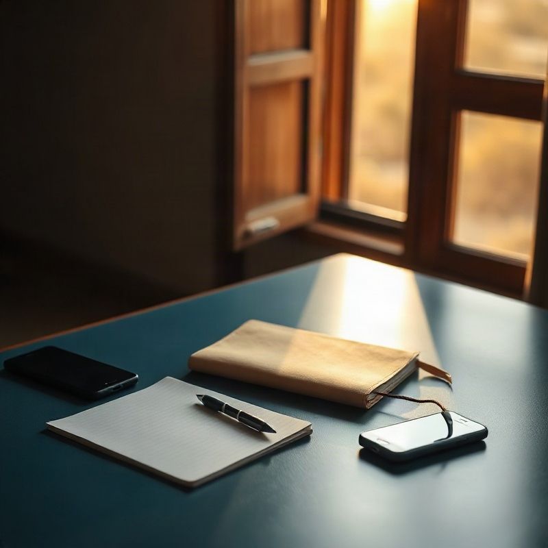 Minimalist contact desk with notebook, pen, and phone in coastal light