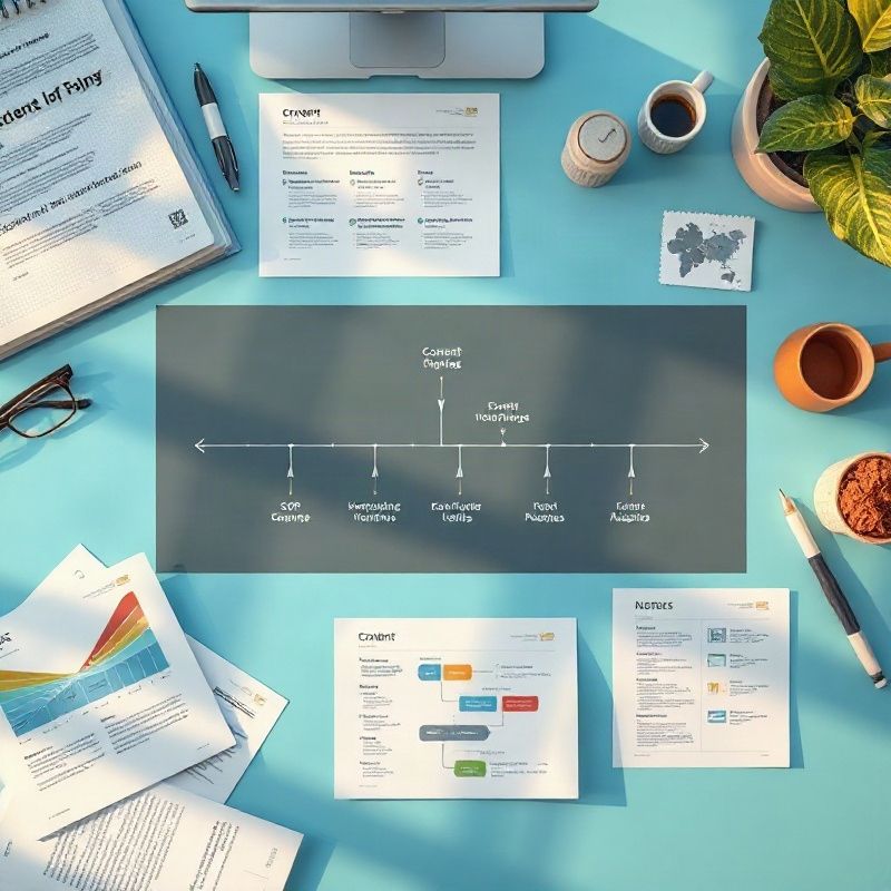 Overhead flat lay of a systematic content pipeline diagram