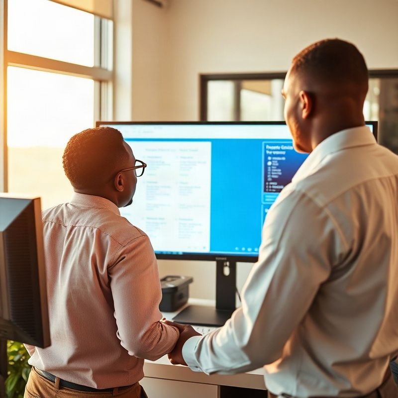 Two professionals reviewing a content pipeline document on a wide monitor
